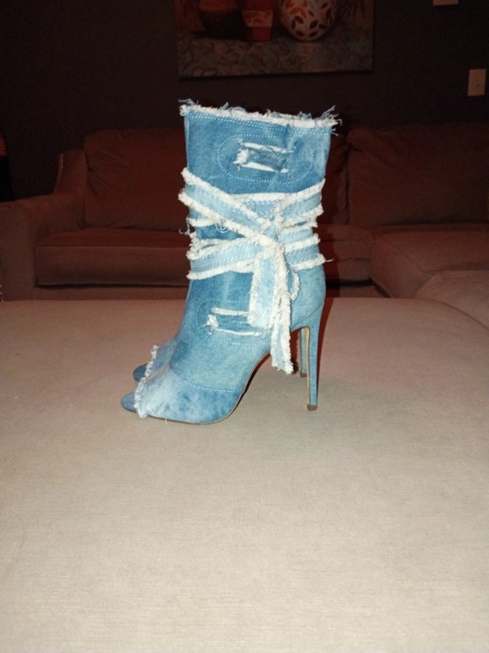 Denim Wrap Peep-Toe Stiletto Bootie - Blue